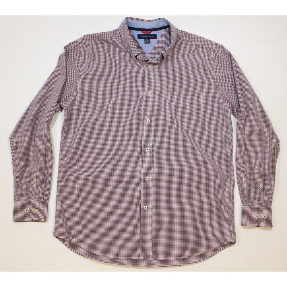 Tommy Hilfiger Button Down Dress Shirt L Long Sleeve Red White & Blue‎ Check